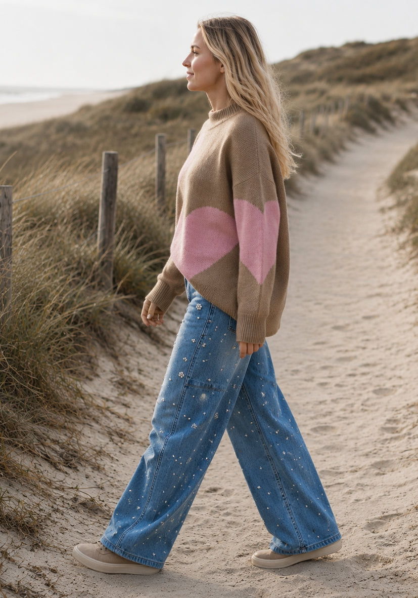 Knit Sweater Big Hearts - sand