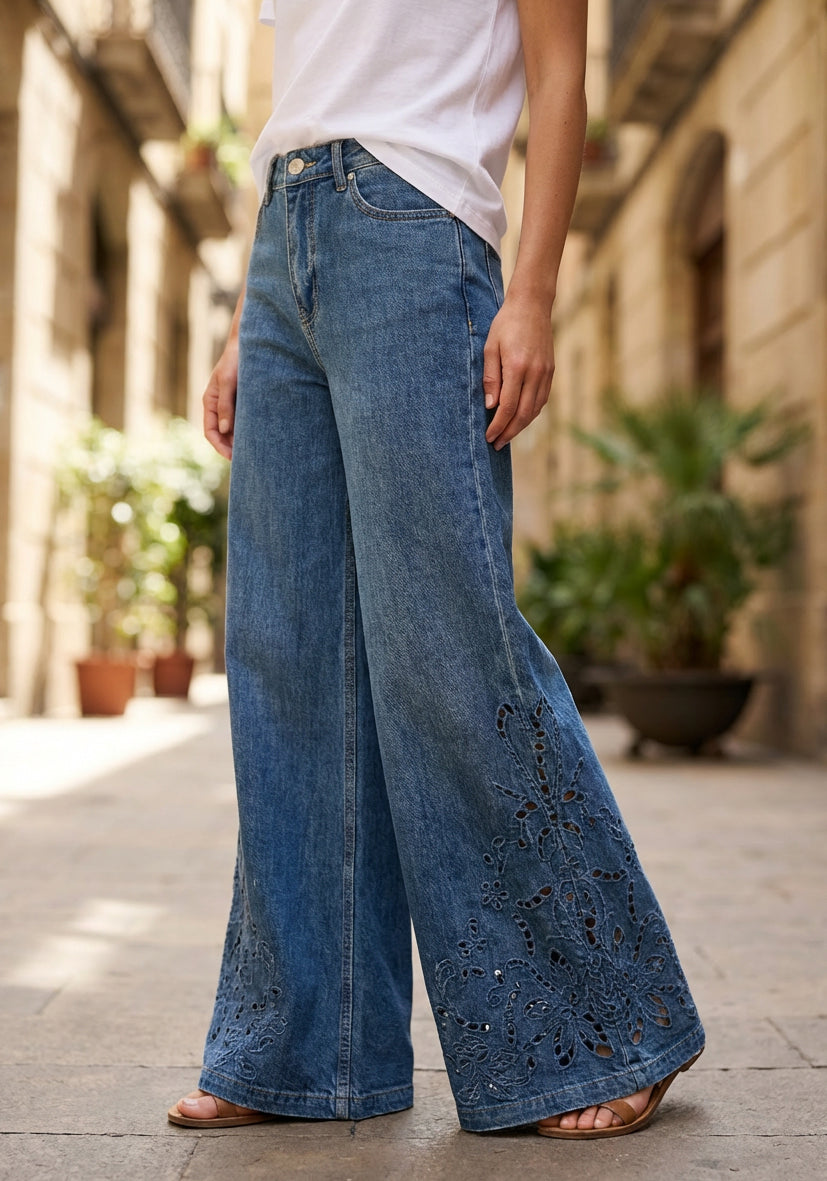 Flaired Jeans Embroidery - blue