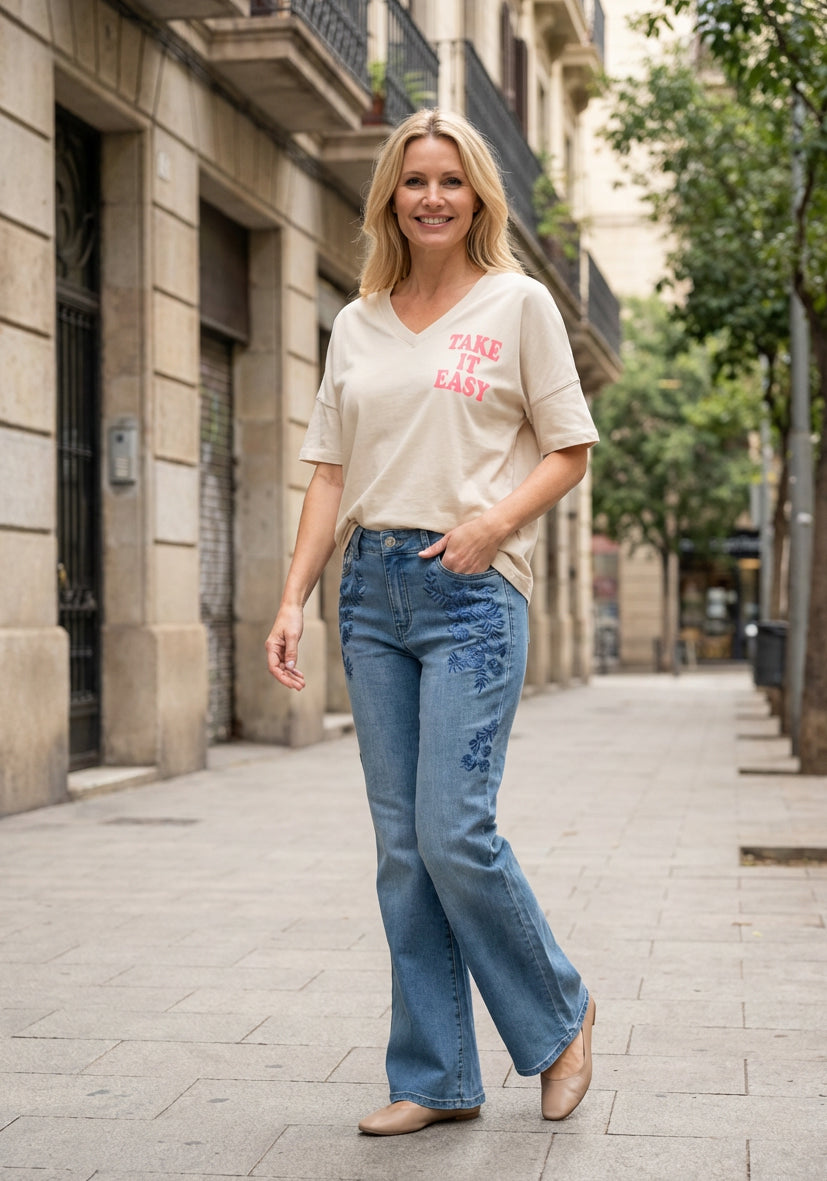 Straight Leg Jeans Flowers - blue