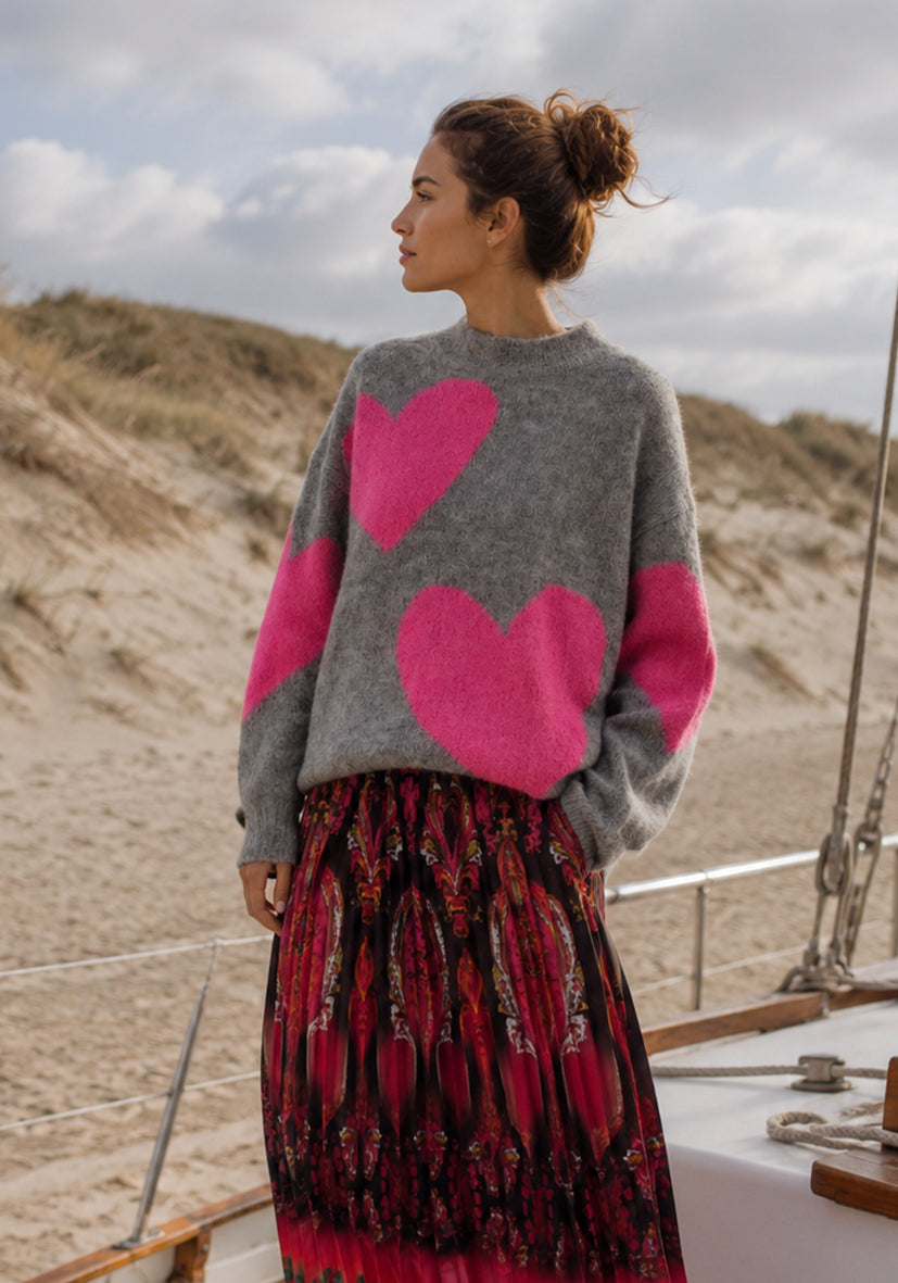 Knit Sweater Big Hearts - grey