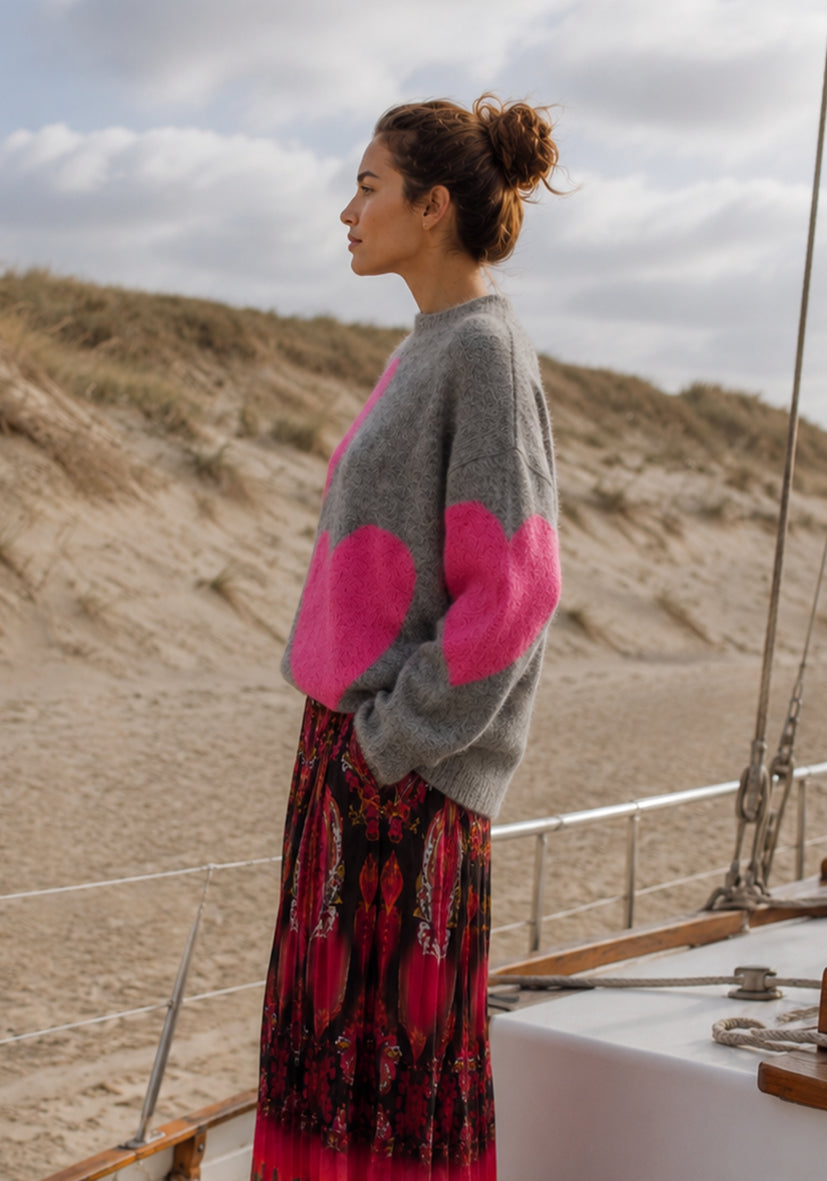 Knit Sweater Big Hearts - grey