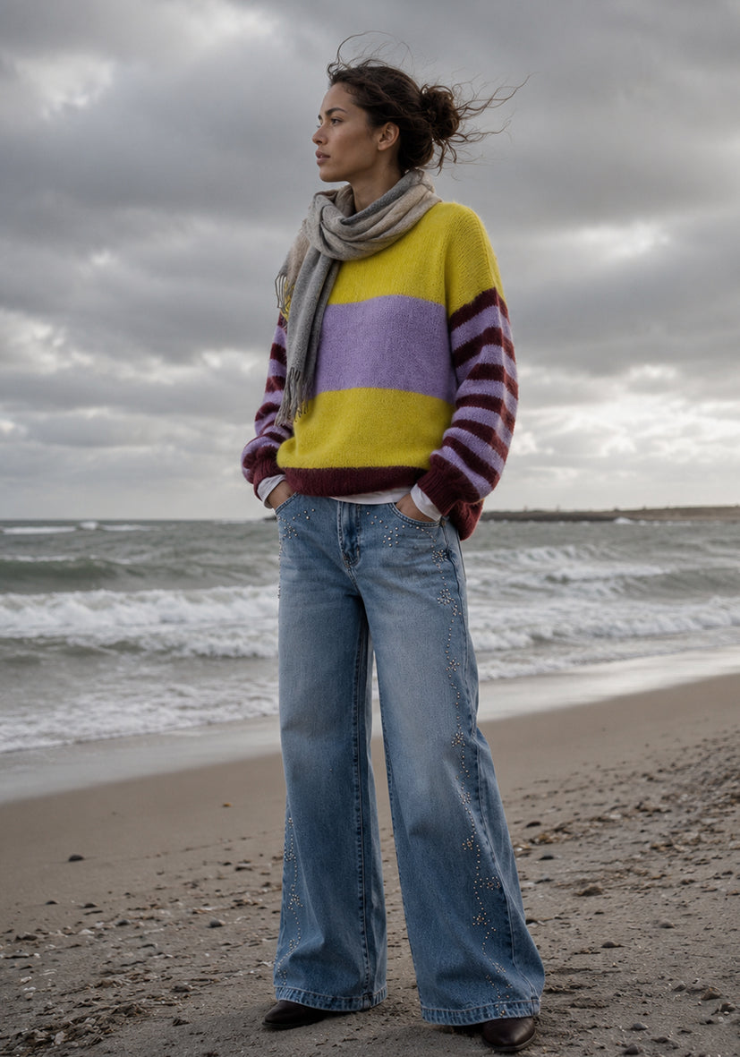 Knit Sweater Striped Sleeves - yellow