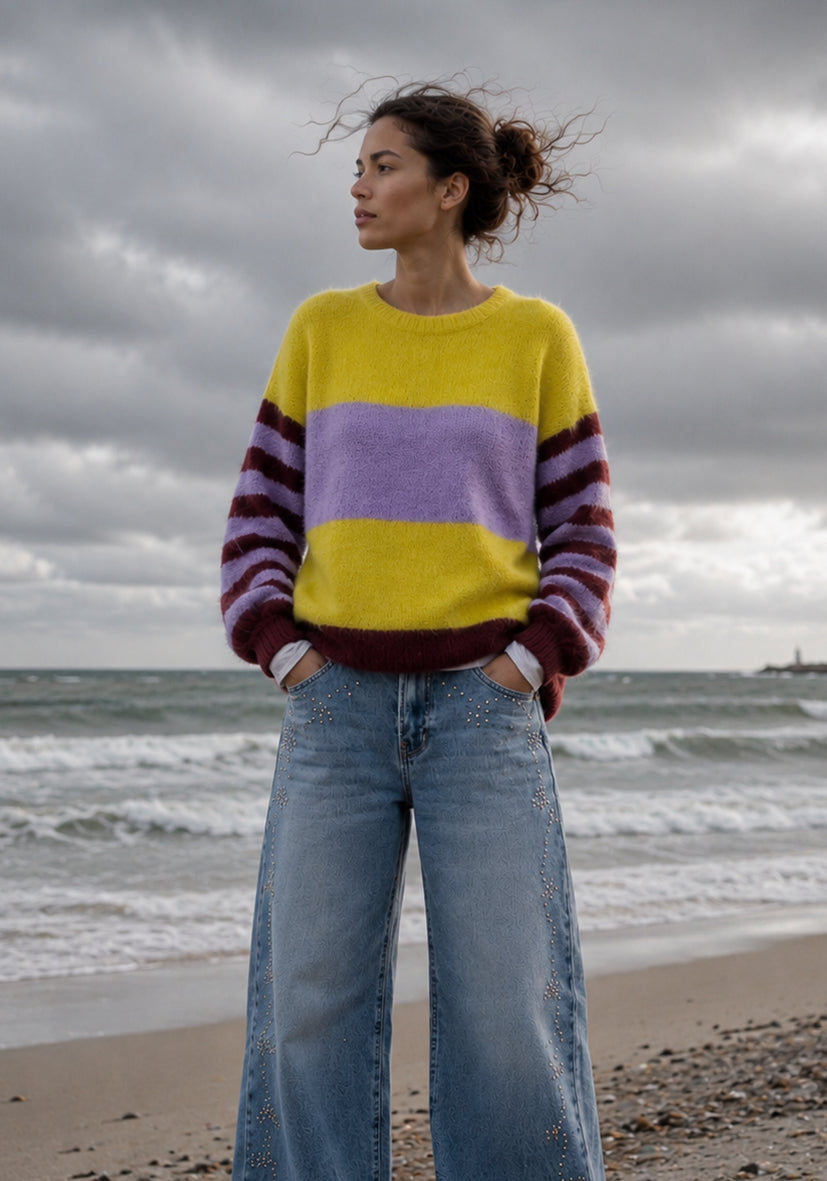 Knit Sweater Striped Sleeves - yellow