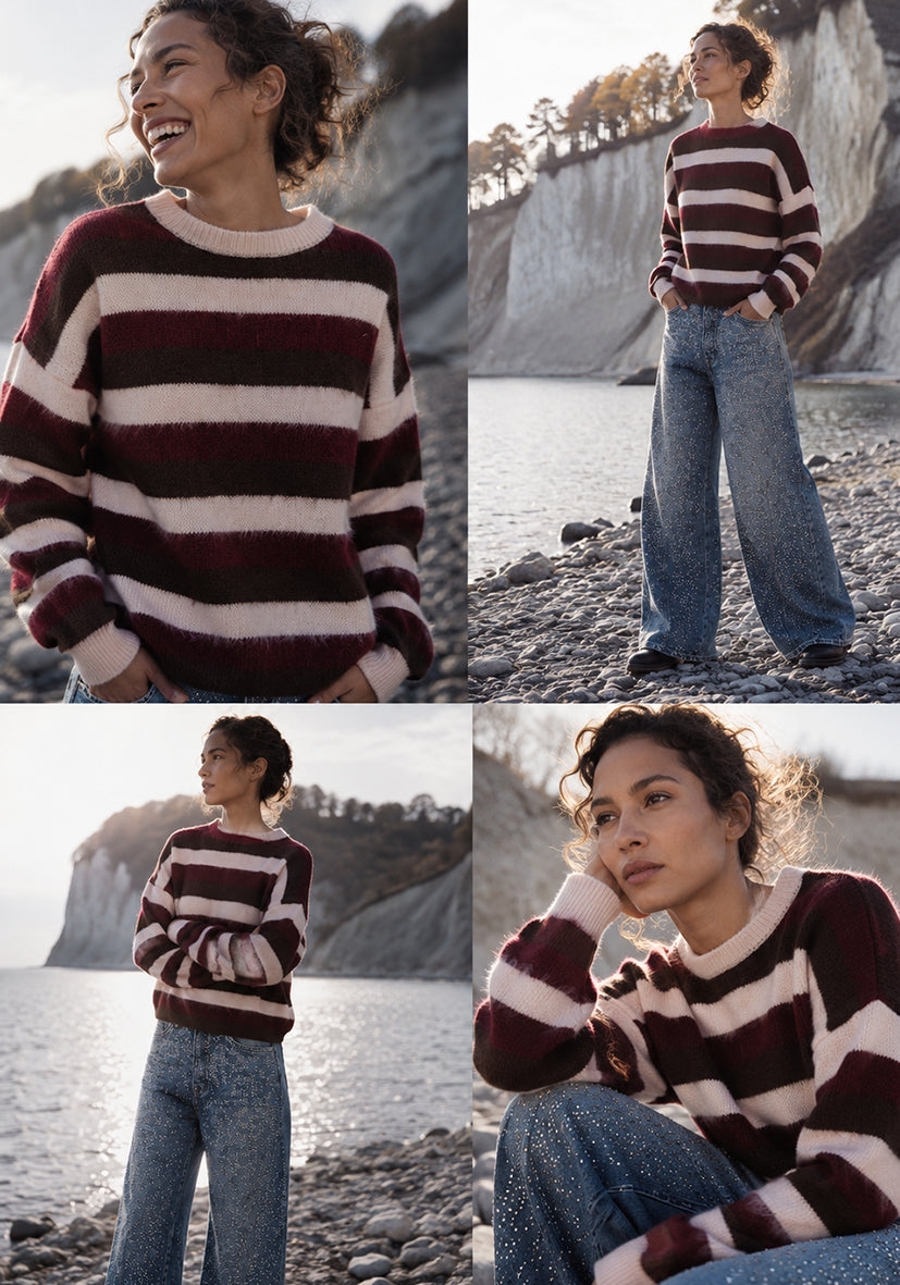 Knit Sweater Colorful Stripes - rose/bordeaux