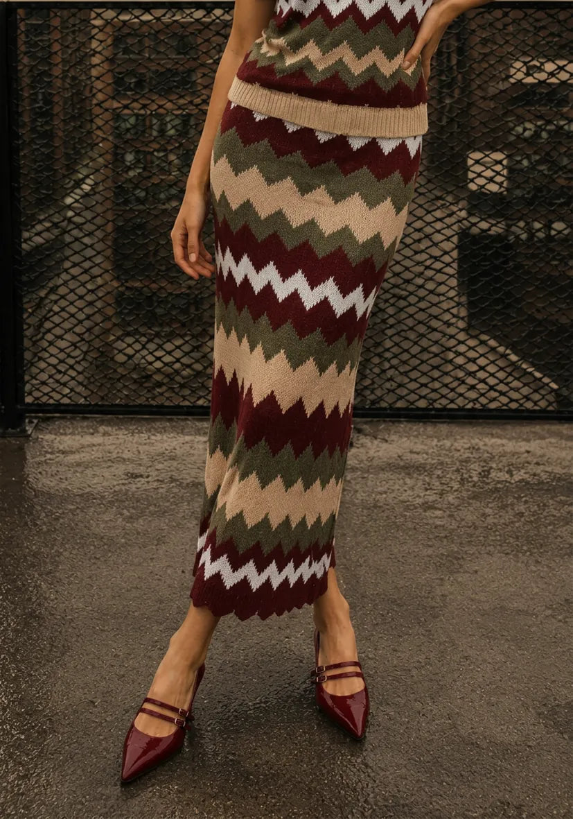 Knit Skirt zigzag - bordeaux/ olive