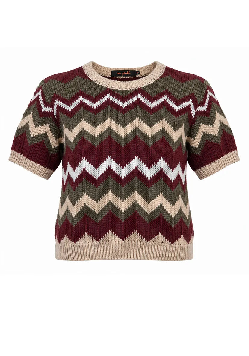 Knit Sweater Shortsleeve Zig Zag - bordeaux/ olive