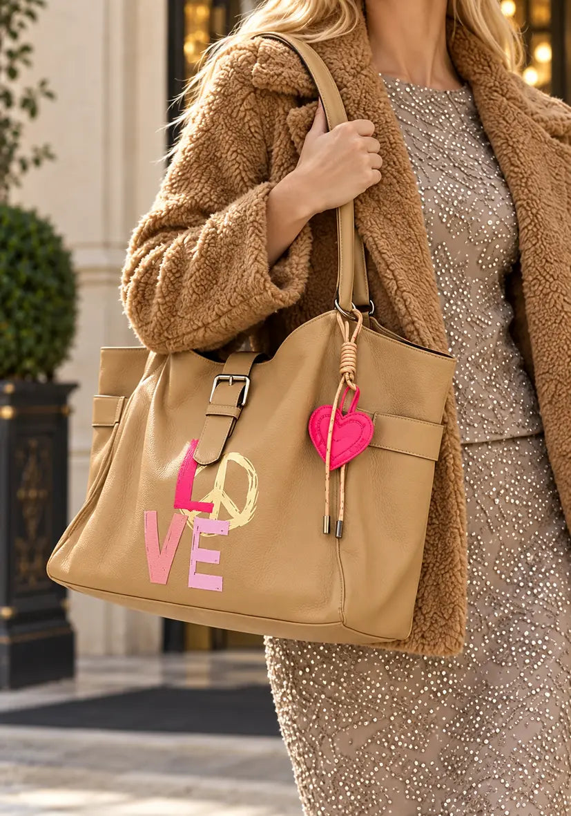 Leather Shopper Love - Sand
