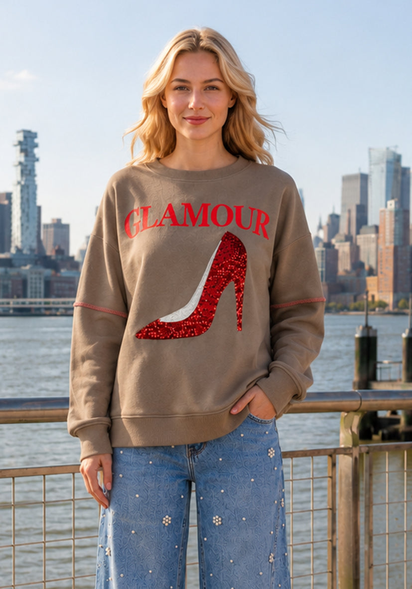 Sweatshirt Roundneck Glamour Paillette - sand
