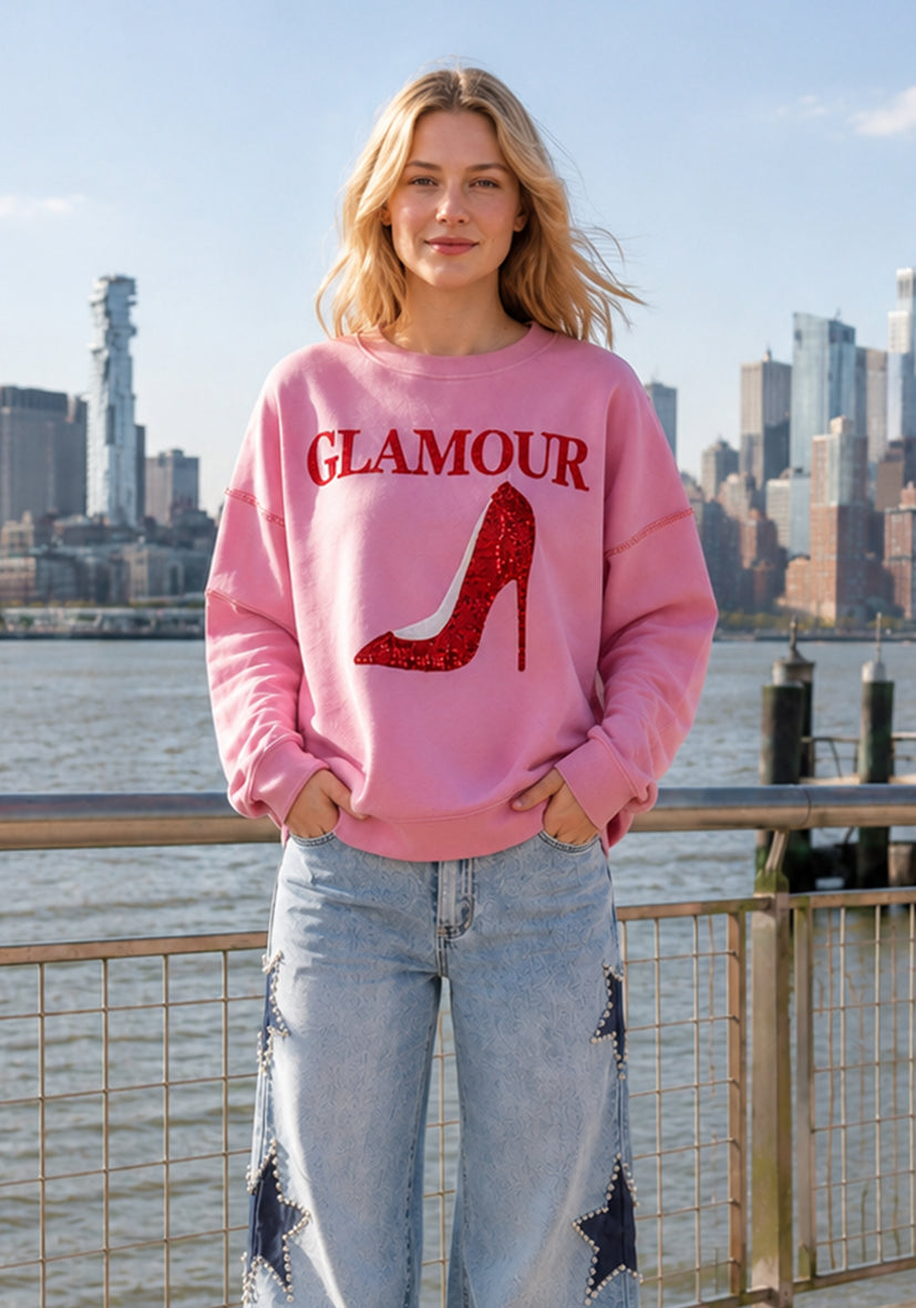 Sweatshirt Roundneck Glamour Paillette - pink