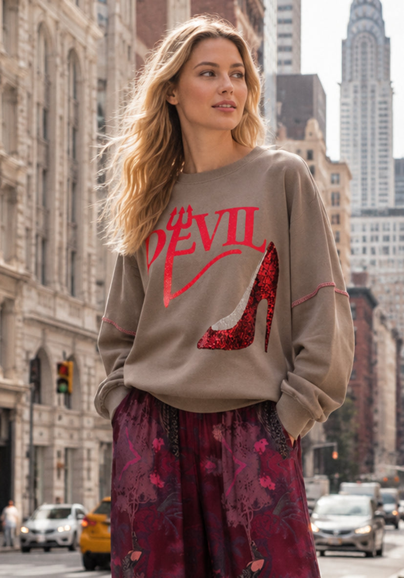 Sweatshirt Roundneck Devil Paillette - sand
