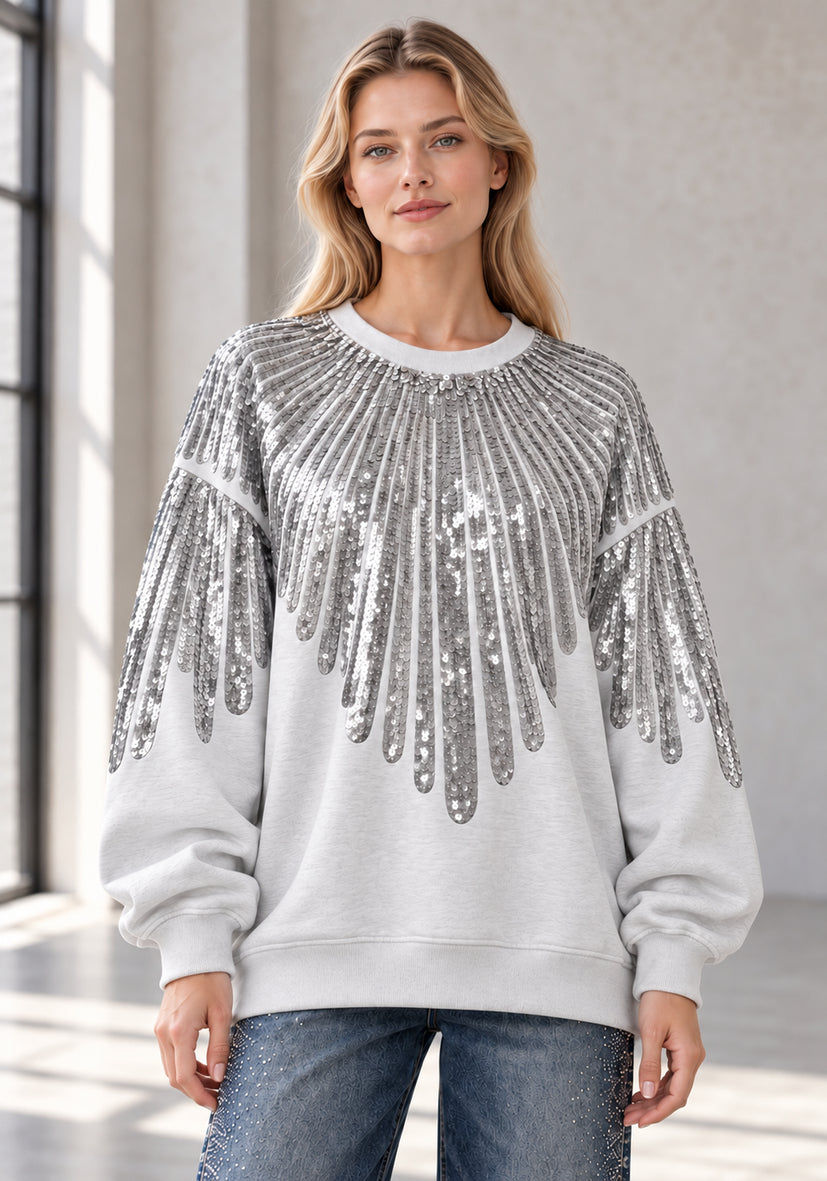 Roundneck Feather Paillette - hellgrau