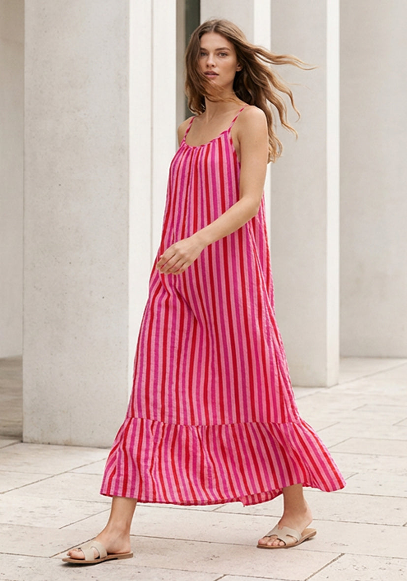 Maxi Dress Muslin Stripes - orange/neonpink