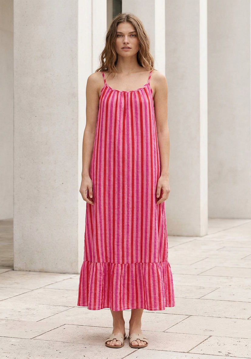 Maxi Dress Muslin Stripes - orange/neonpink