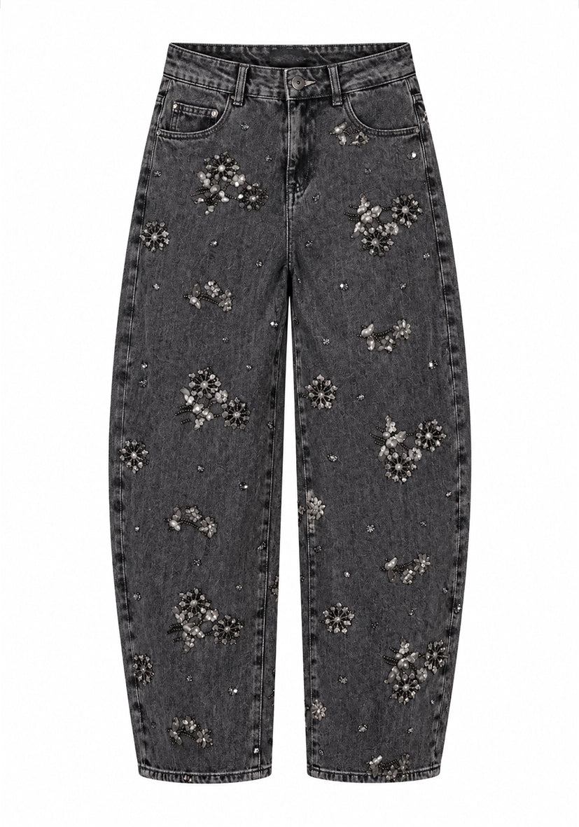 Jeans Sequin Flowers - grau