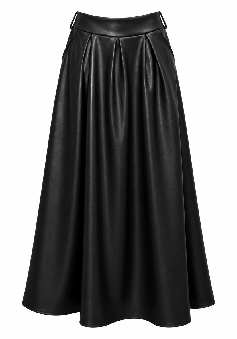 Leather Midi Skirt - Schwarz