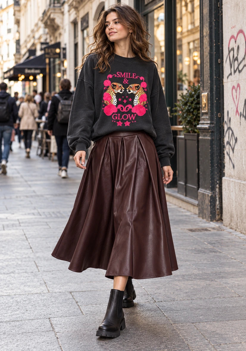 Leather Midi Skirt - bordeaux