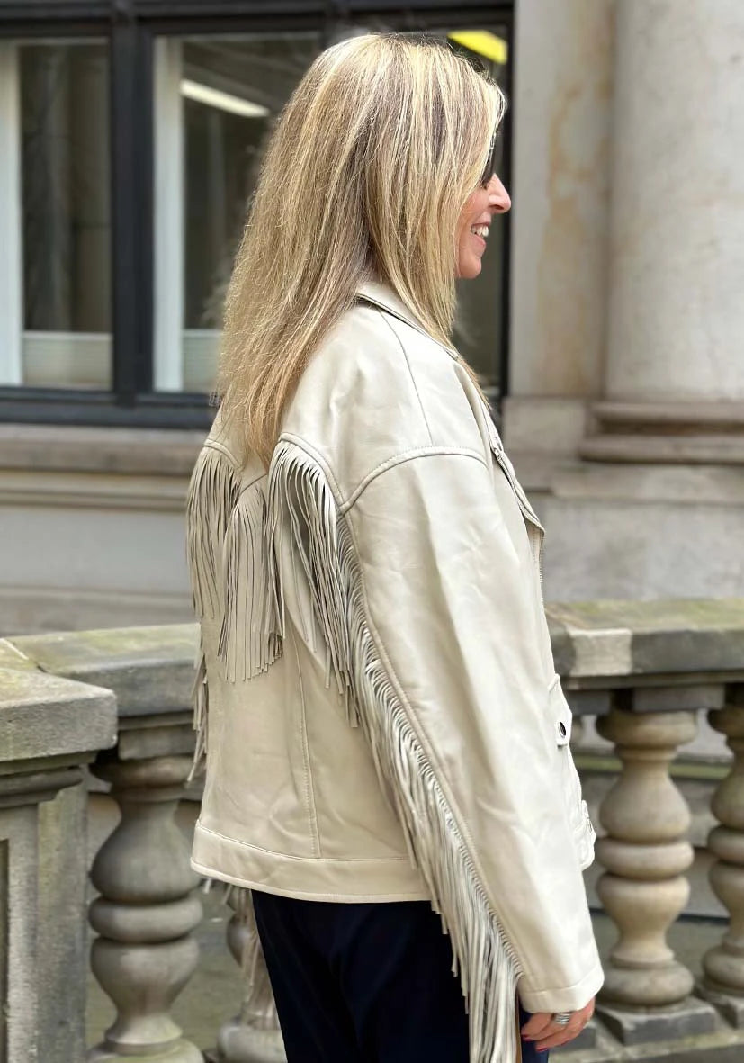 Vegane Lederjacke mit Fransen - beige