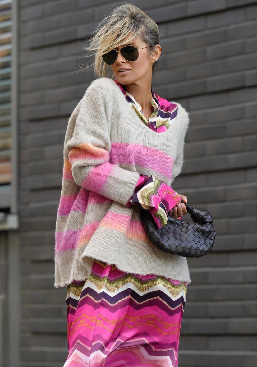 Pullover mit multicolor Stripes - sand