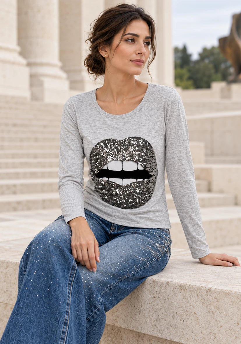 Longsleeve sparkle lips - Grau