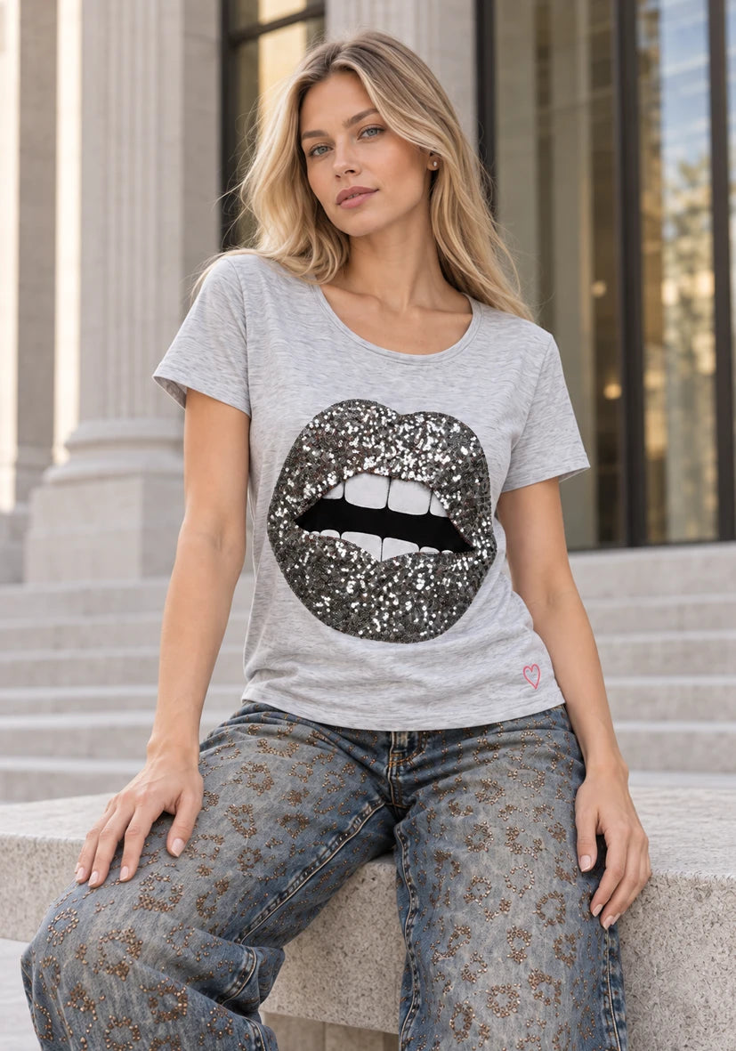 T-Shirt sparkle lips - Grau