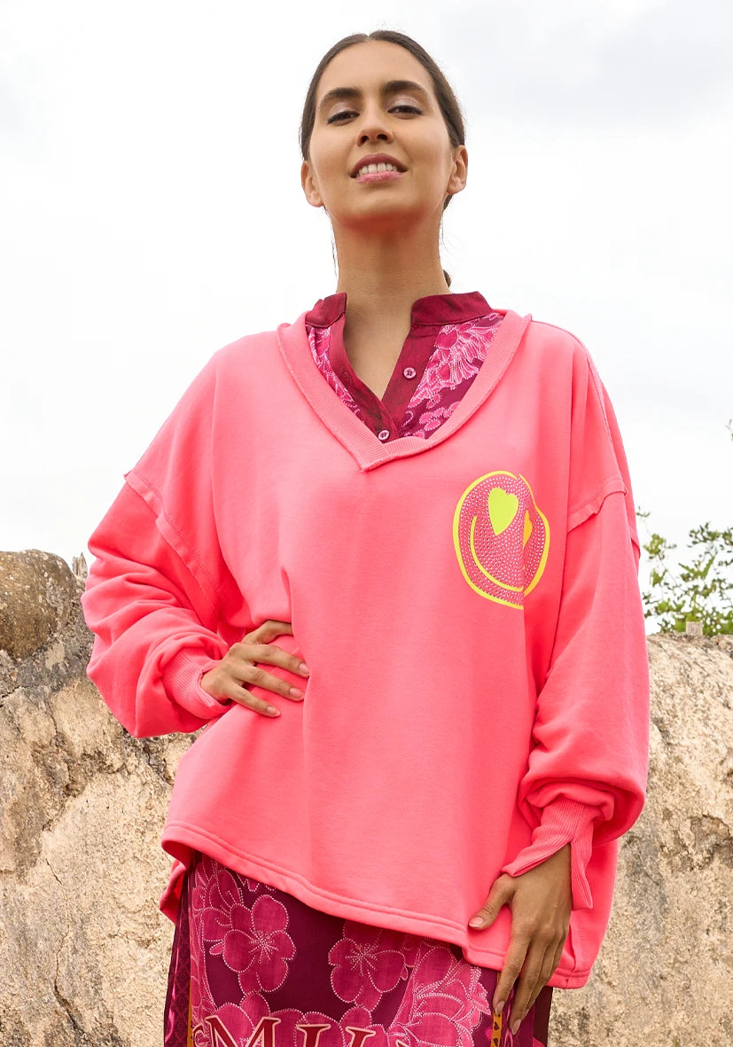 V-Neck Heartface City - neonpink