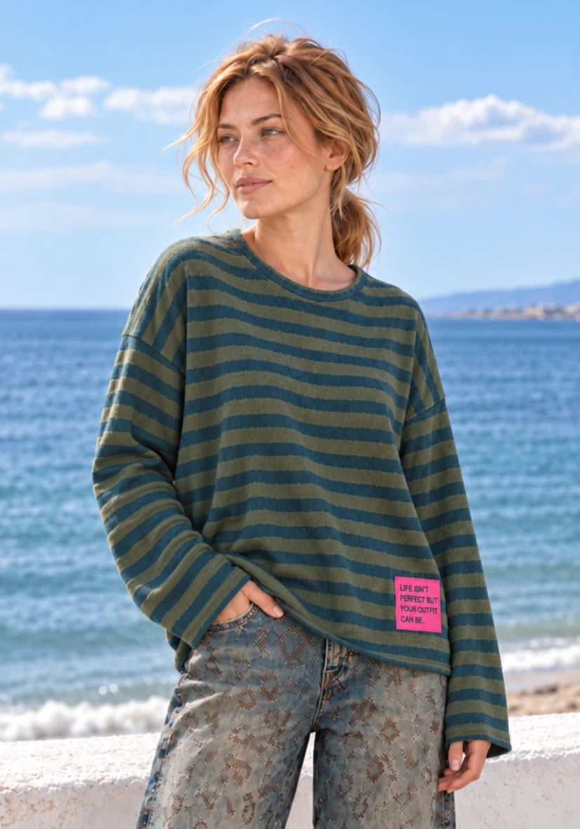 Knit Sweater stripes - Khaki/Dunkelgrün