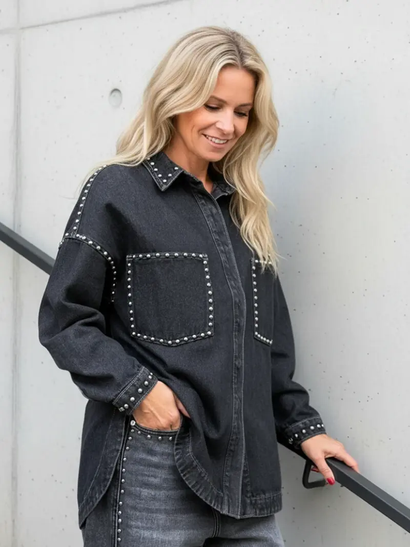 Jeans Bluse Studs - grau