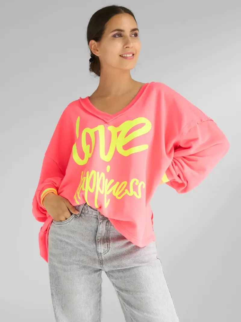 V-Neck wide Love Happiness - neonpink